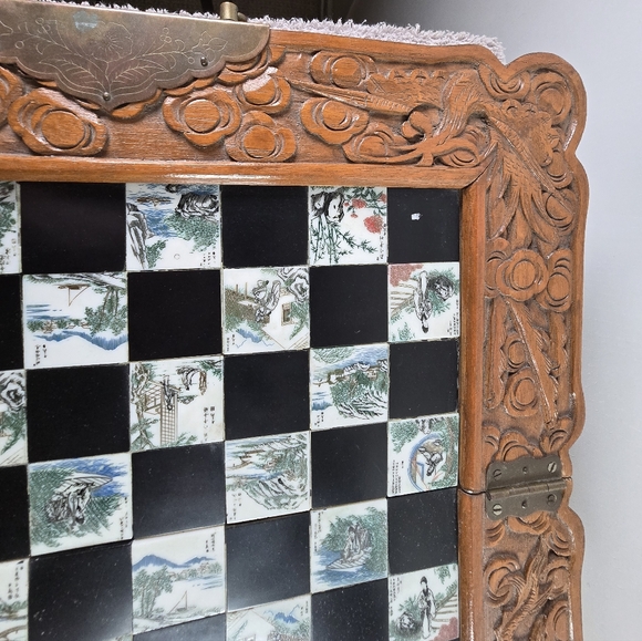 Vintage Chinese Hand Carved Jade Soapstone Chess Set Folding Wooden Case Drawers - Picture 10 of 16